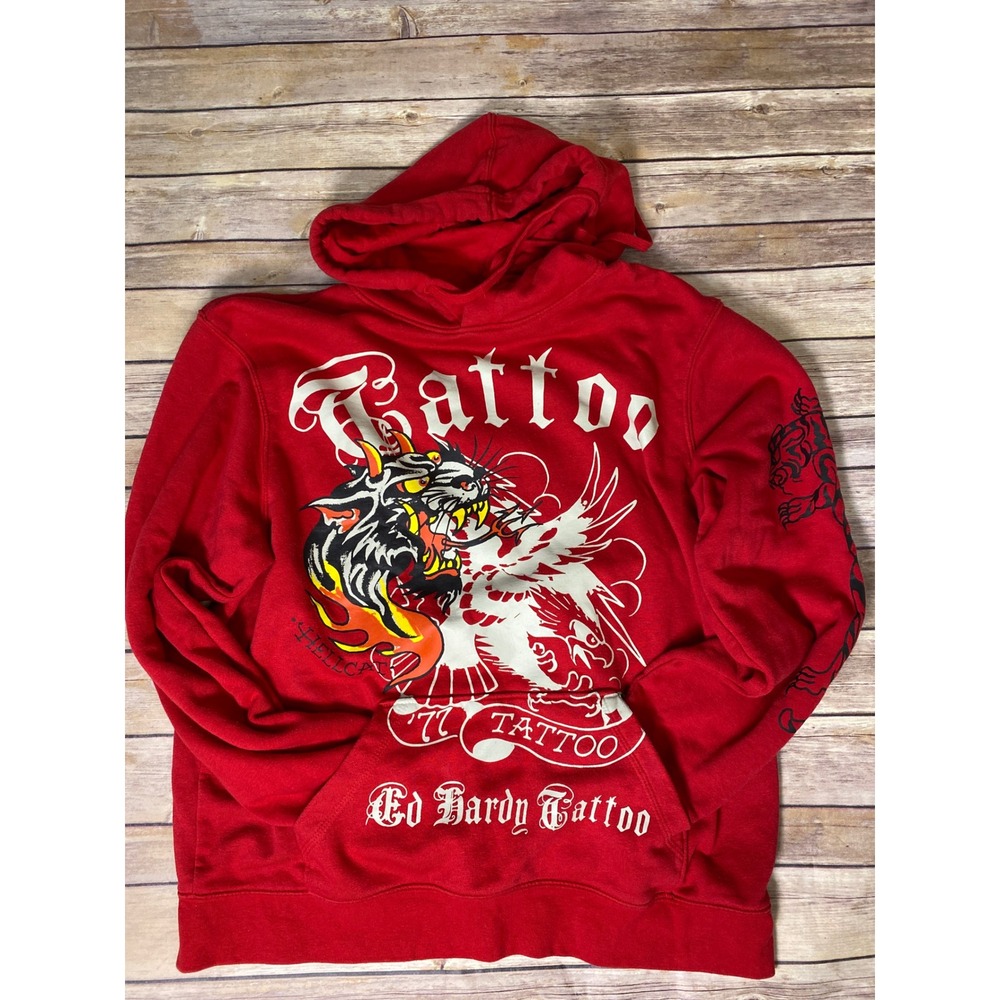 Y2K Ed Hardy Christian Audigier Tiger Tattoo Graphic Hoodie Red Large